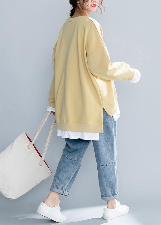 Loose yellow tunics for women o neck false two pieces Art shirt - SooLinen