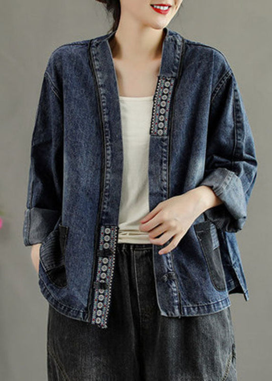 Poches brodées noires de luxe Bouton Patchwork Fall Fall Fall Denim Coat