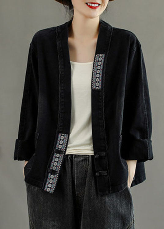 Poches brodées noires de luxe Bouton Patchwork Fall Fall Fall Denim Coat