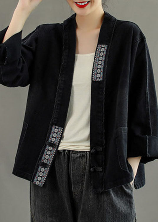 Poches brodées noires de luxe Bouton Patchwork Fall Fall Fall Denim Coat