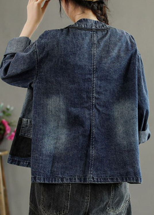 Poches brodées noires de luxe Bouton Patchwork Fall Fall Fall Denim Coat