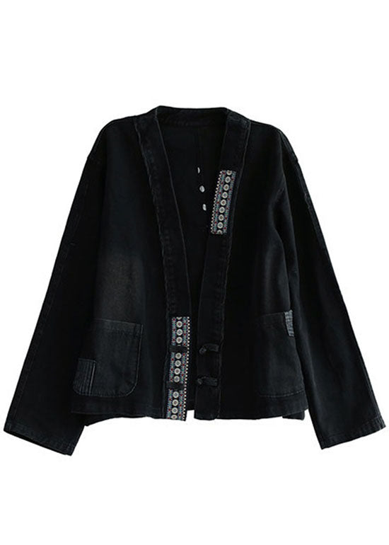 Poches brodées noires de luxe Bouton Patchwork Fall Fall Fall Denim Coat