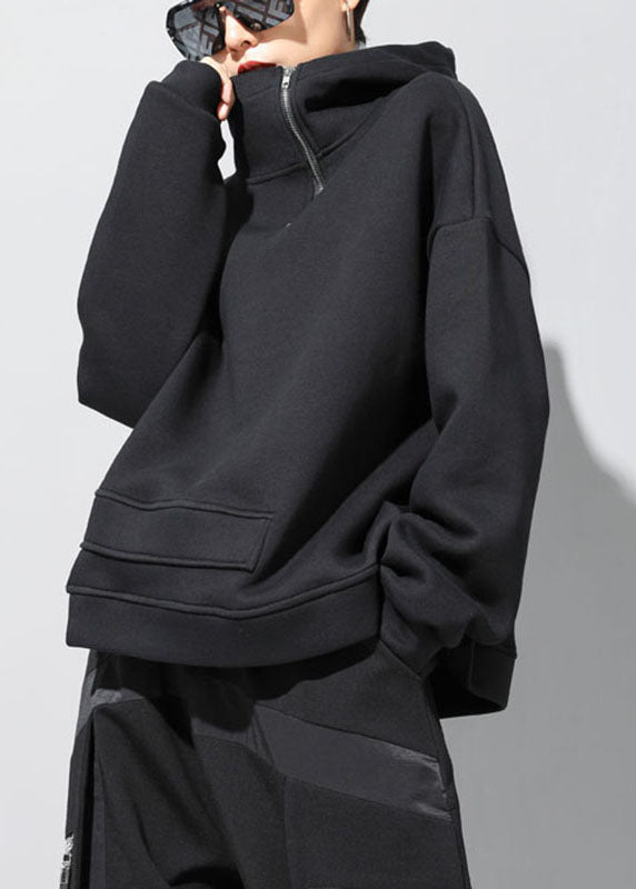 Luxury Black hooded zippered asymmetrical design Fall Sweatshirts Top