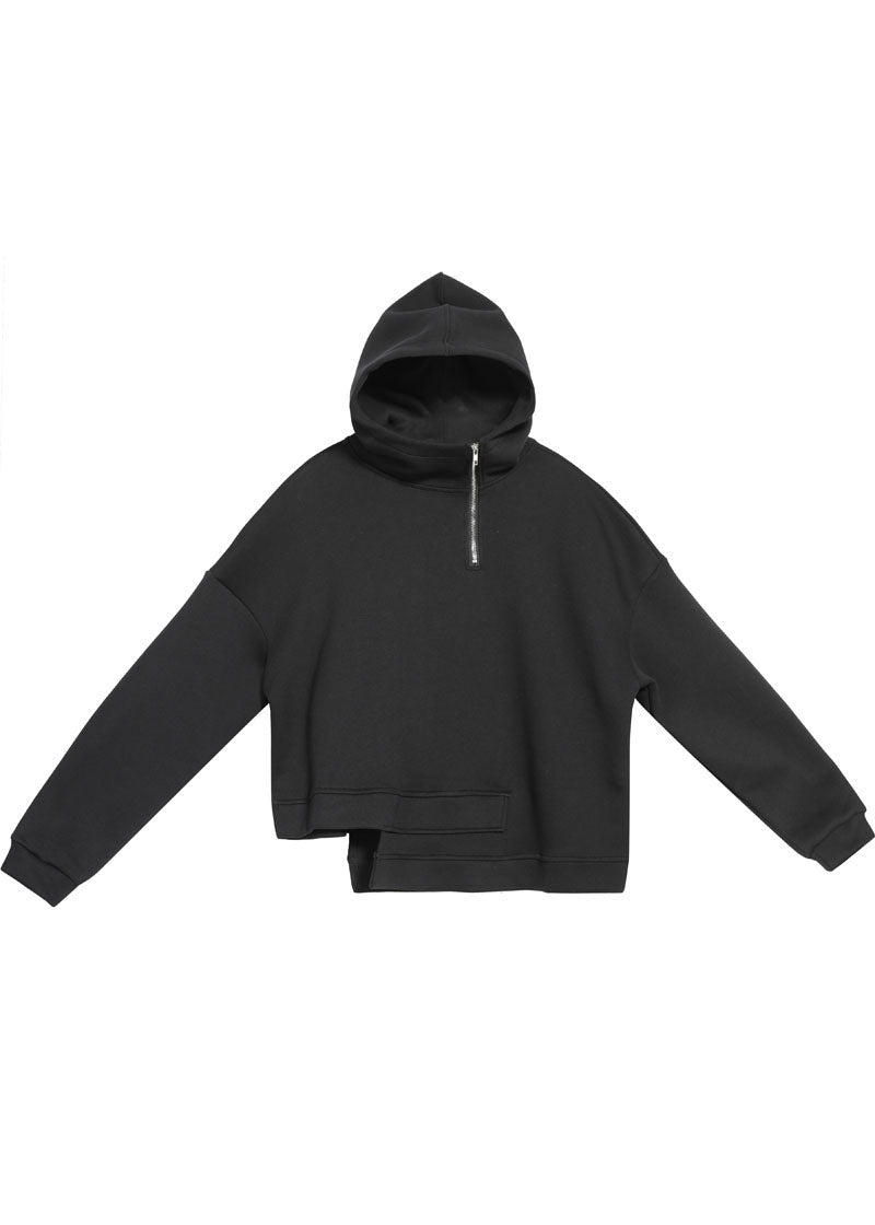 Luxury Black hooded zippered asymmetrical design Fall Sweatshirts Top