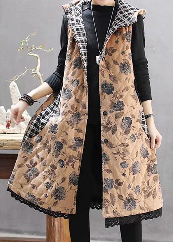 Luxury Loose Fitting Coats Yellow Print Hooded Sleeveless Coat - SooLinen