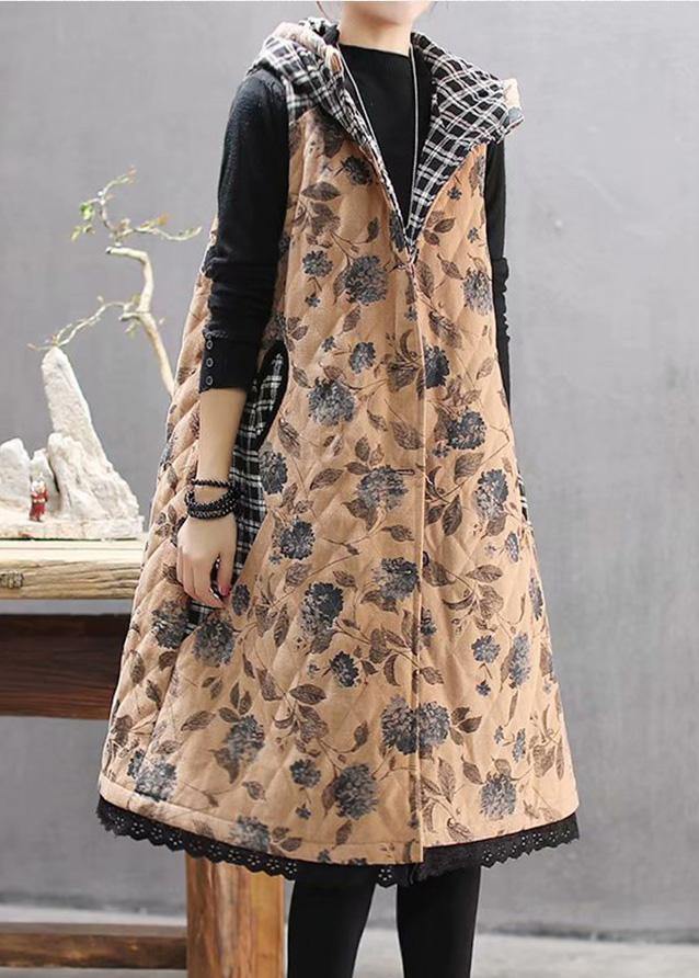 Luxury Loose Fitting Coats Yellow Print Hooded Sleeveless Coat - SooLinen