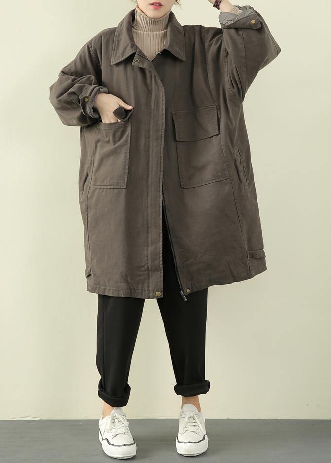 Luxury gray green casual outfit trendy plus size winter jacket lapel zippered overcoat - SooLinen