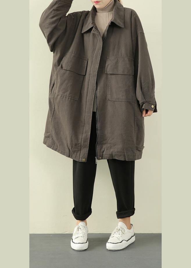 Luxury gray green casual outfit trendy plus size winter jacket lapel zippered overcoat - SooLinen