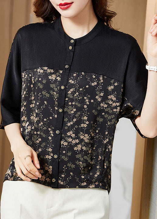 Modern Black O-Neck Patchwork Print Silk Shirt Tops Half Sleeve