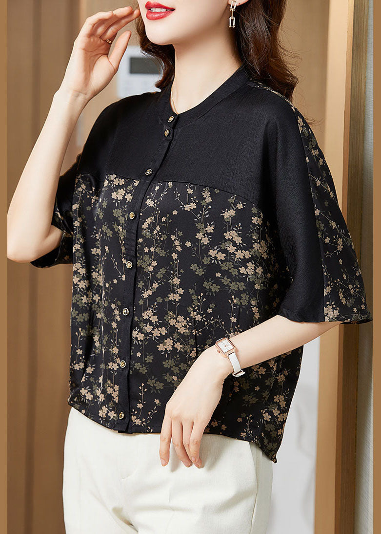 Modern Black O-Neck Patchwork Print Silk Shirt Tops Half Sleeve