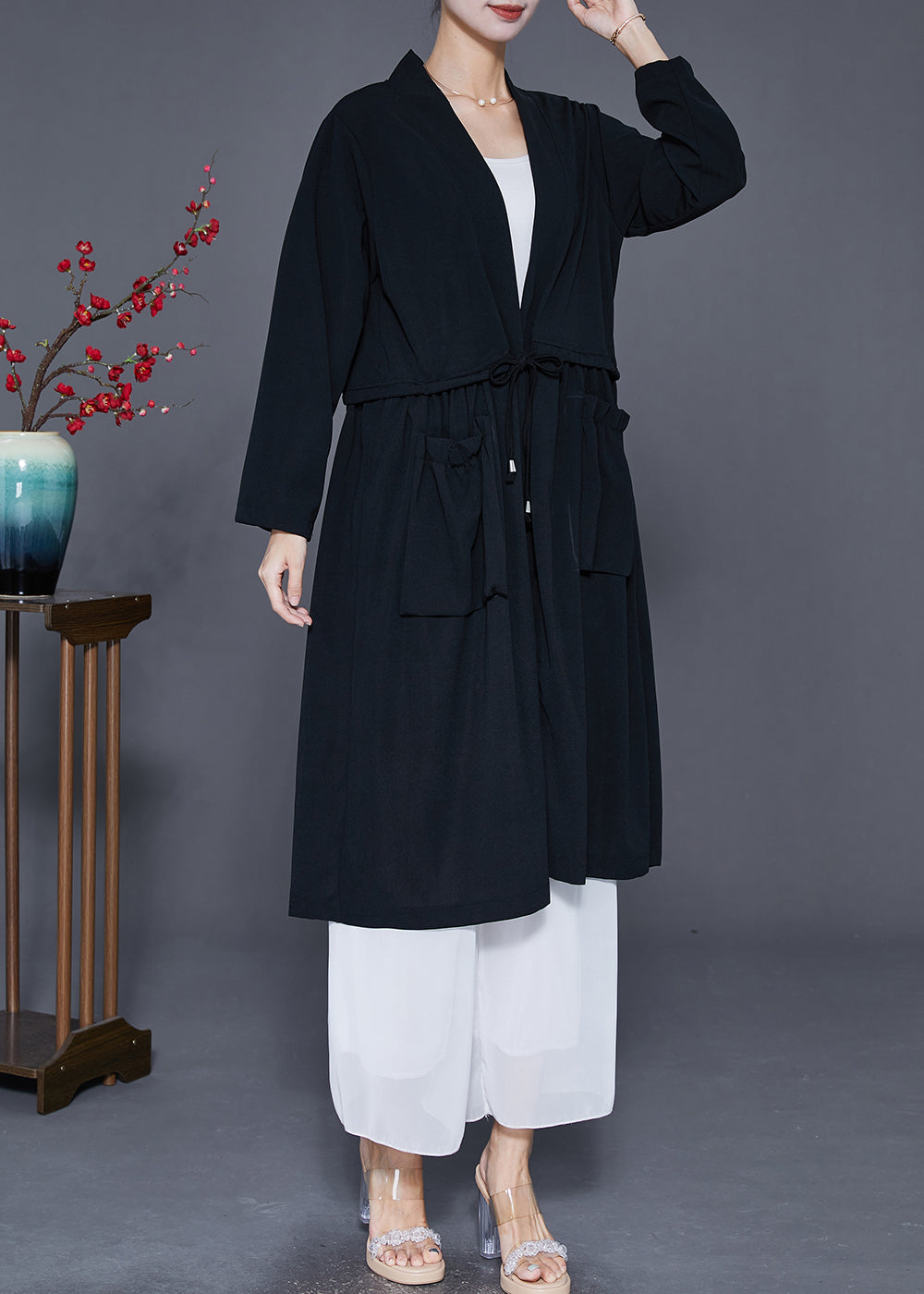 Modern Black Tie Waist Pockets Cotton Trench Coat Fall