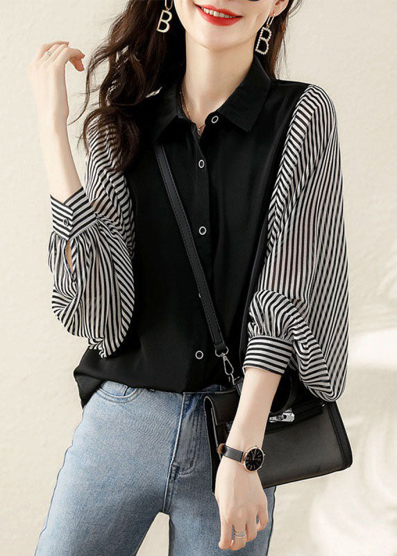 Bouton noir moderne Peter Pan Collier à rayures Patchwork Shirt Top à manches longues