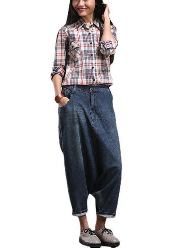 Modern Blue Casual Pockets Wrinkled Fall Harem Denim Pants - SooLinen