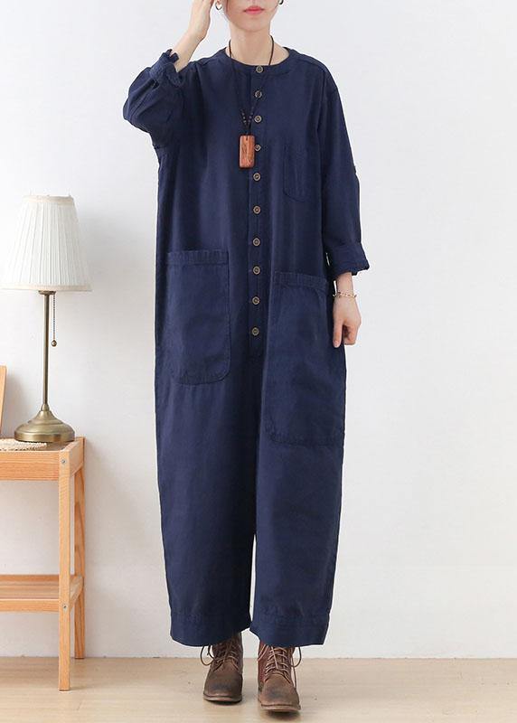 Modern Blue Loose Pockets Fall Button Denim Romper Sets - SooLinen