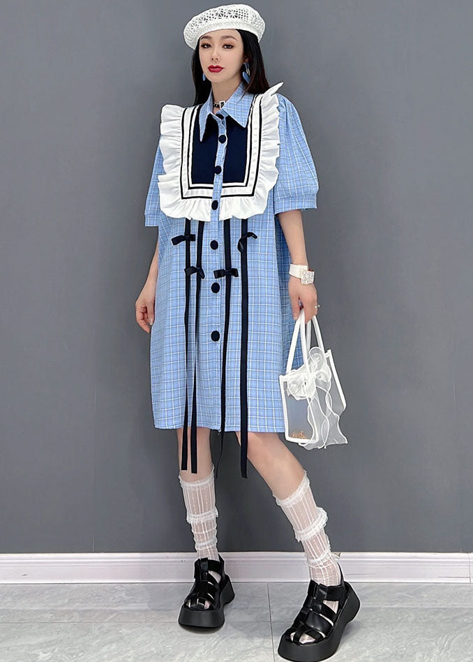 Blue Peter Pan Collar Patchwork Rouffles Plaid Cotton Maxi Robes à manches courtes