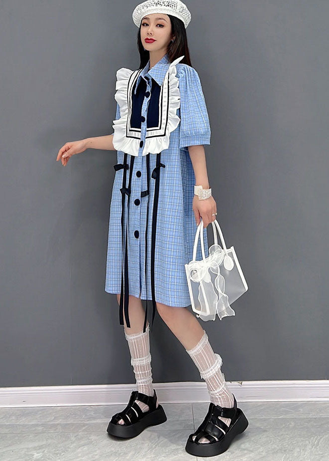 Blue Peter Pan Collar Patchwork Rouffles Plaid Cotton Maxi Robes à manches courtes