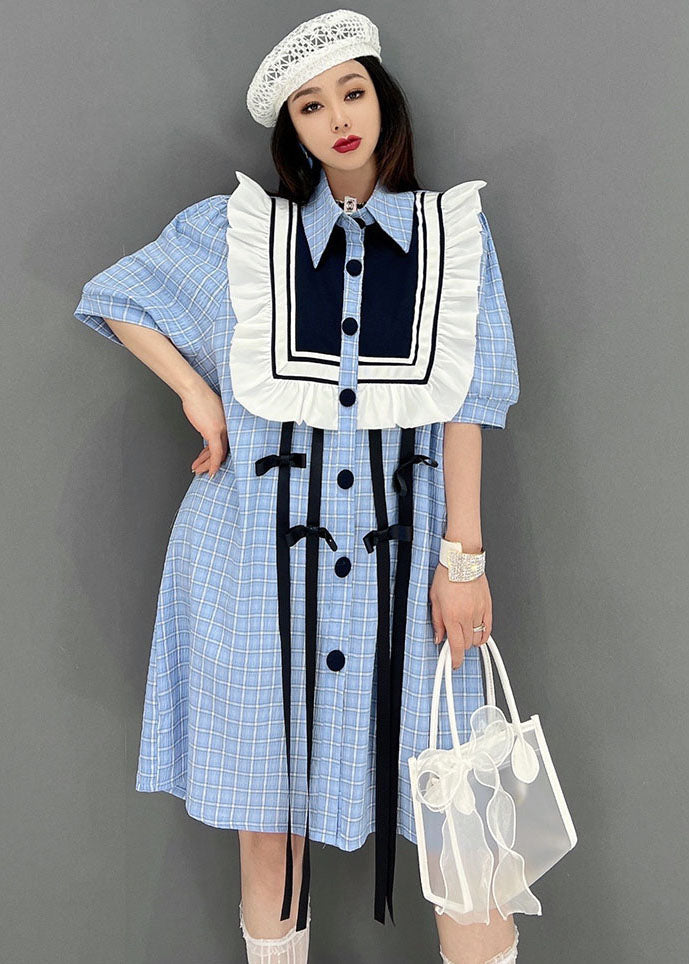 Blue Peter Pan Collar Patchwork Rouffles Plaid Cotton Maxi Robes à manches courtes