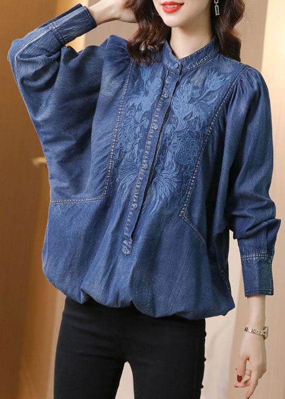 Collier de support bleu moderne Broideried Cotton Denim Coats Batwing Sleeve