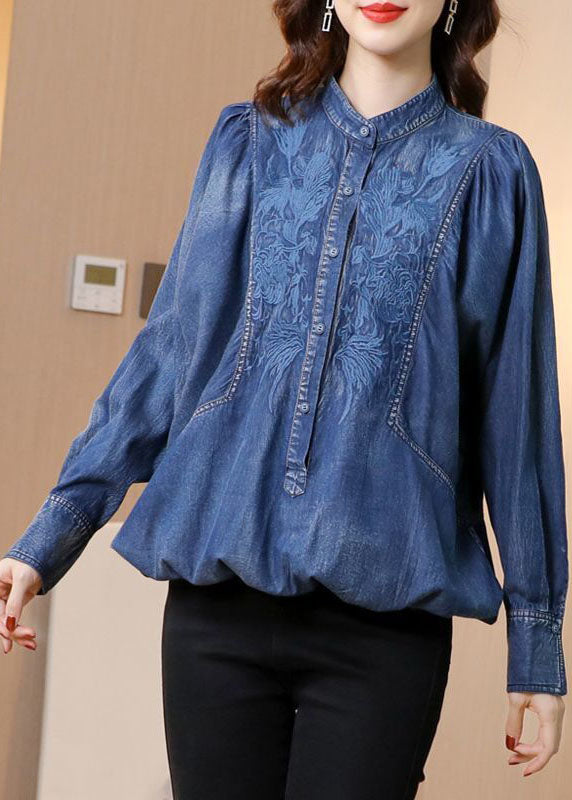 Collier de support bleu moderne Broideried Cotton Denim Coats Batwing Sleeve