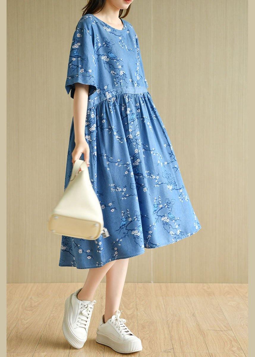 Modern Denim Blue O-Neck Print Summer Cotton Dress Short Sleeve - SooLinen