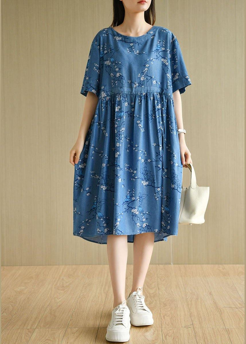 Modern Denim Blue O-Neck Print Summer Cotton Dress Short Sleeve - SooLinen