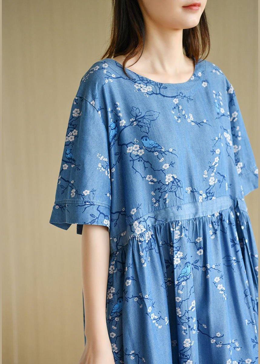 Modern Denim Blue O-Neck Print Summer Cotton Dress Short Sleeve - SooLinen