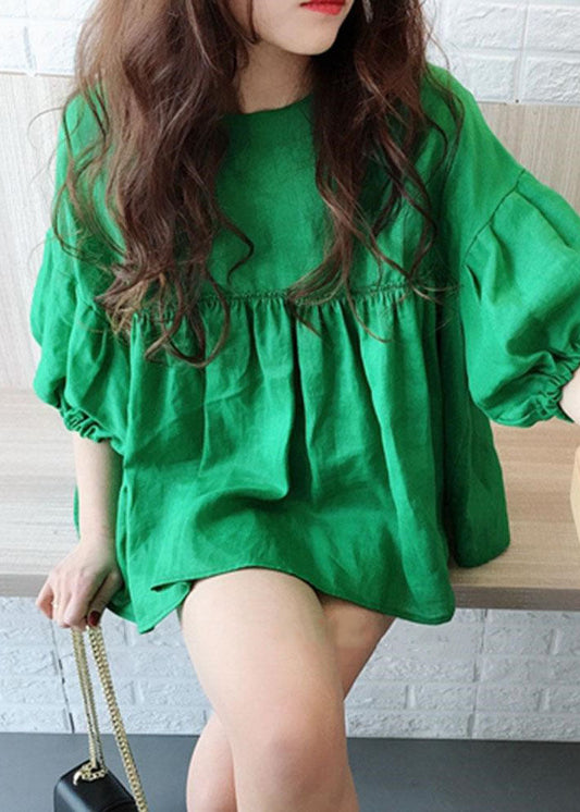 Modern Green O Neck Wrinkled Patchwork Cotton Tops Summer