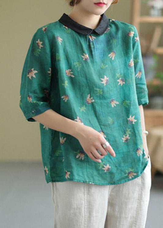 Modern Green Peter Pan Collar Print Summer Ramie Half Sleeve Tops - SooLinen