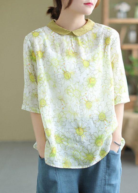 Modern Green Peter Pan Collar Print Summer Ramie Half Sleeve Tops - SooLinen