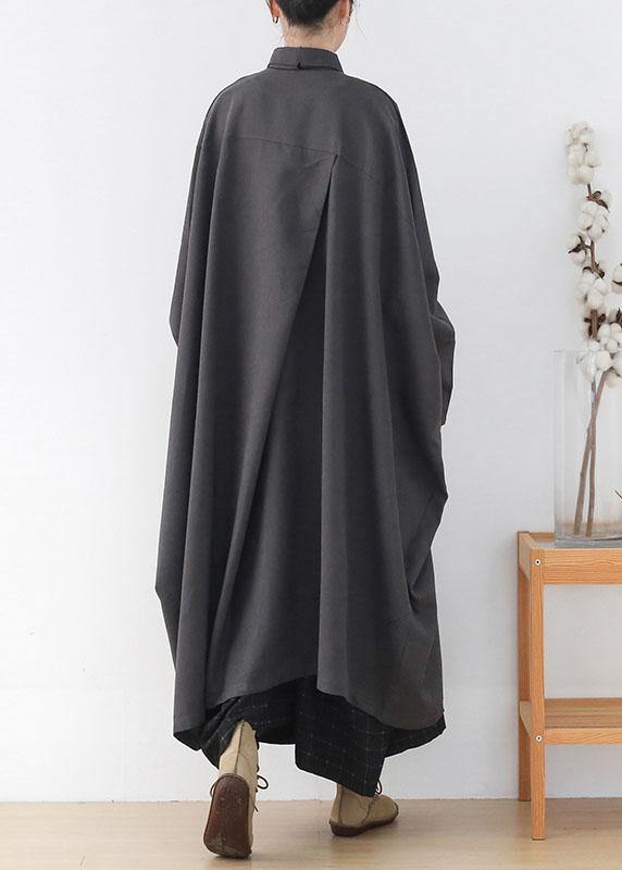 Modern Grey Loose Pockets Fall Asymmetrical Design Coat Long Sleeve - SooLinen