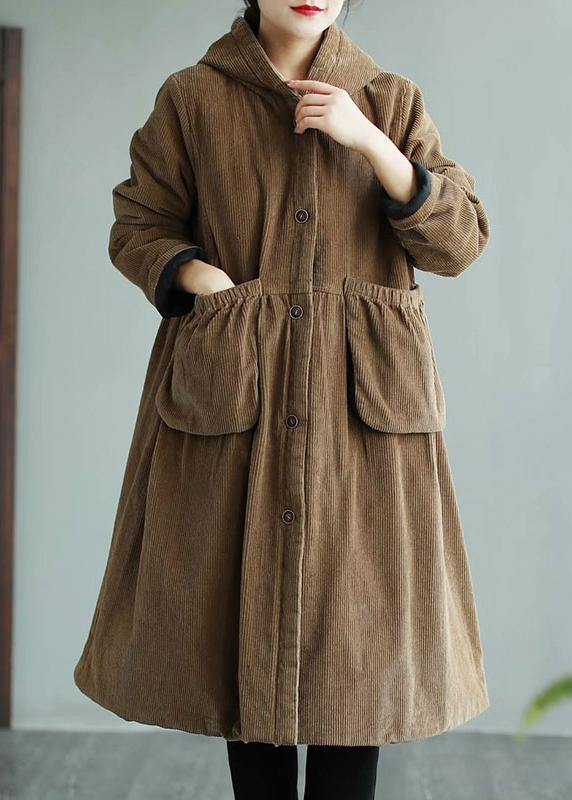 Modern Hooded Pockets Fashion Maxi Coat Khaki Daily Outwear - SooLinen