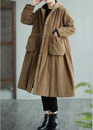 Modern Hooded Pockets Fashion Maxi Coat Khaki Daily Outwear - SooLinen