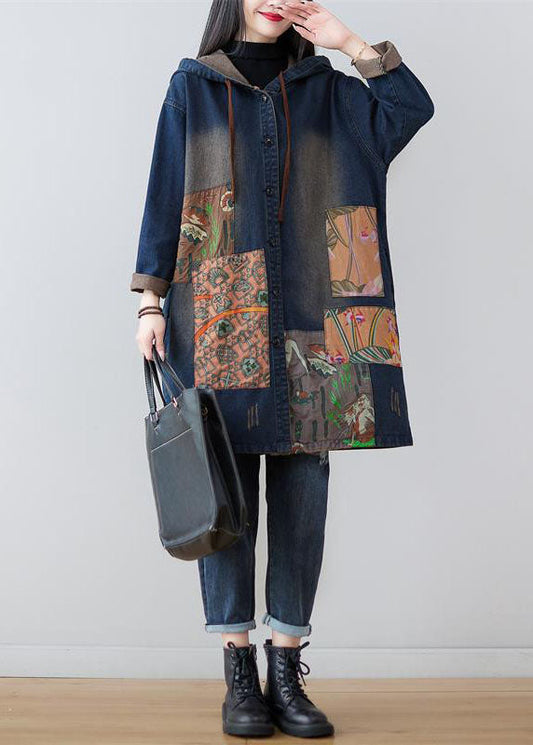 Modern Navy Hooded Patchwork Print Denim Coats Spring