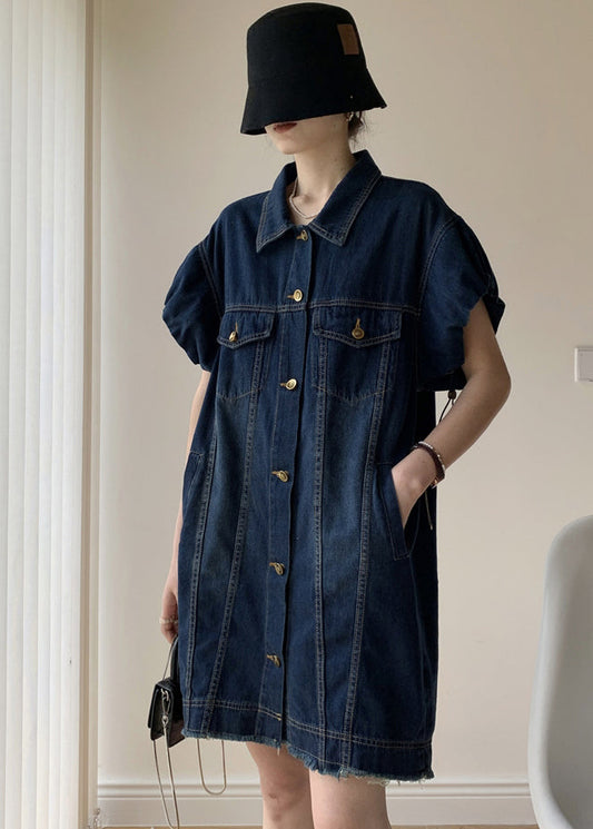 Navy Navy Peter Pan Collier à cordon Patchwork Denim Robe Puff Sleeve