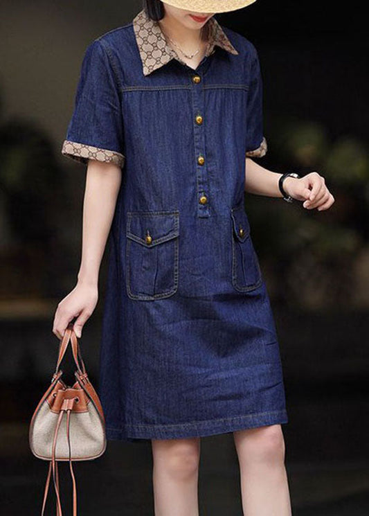 Navy moderne Peter Pan Collar Patchwork Denim Robe Minon