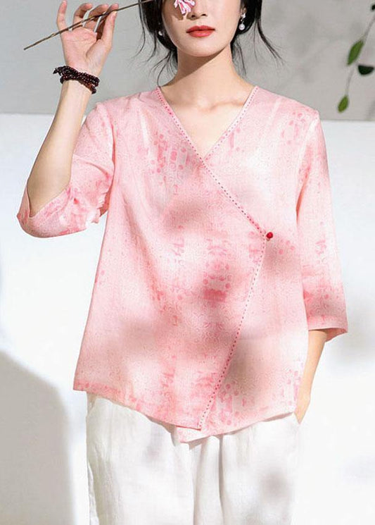 Modern Pink Print Button Summer Ramie Tops - SooLinen