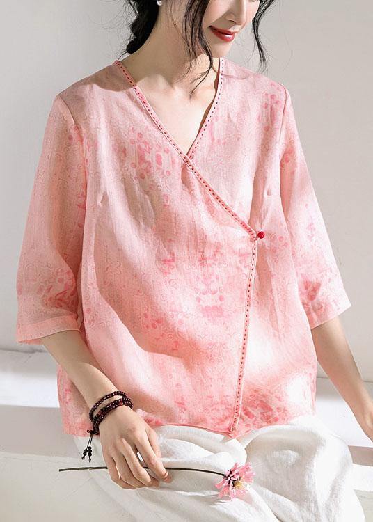 Modern Pink Print Button Summer Ramie Tops - SooLinen