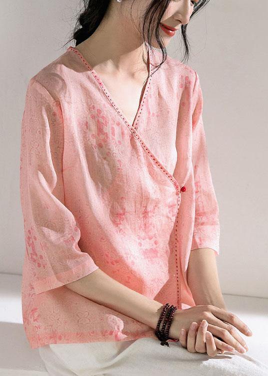 Modern Pink Print Button Summer Ramie Tops - SooLinen