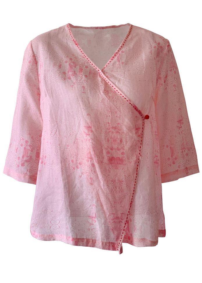 Modern Pink Print Button Summer Ramie Tops - SooLinen