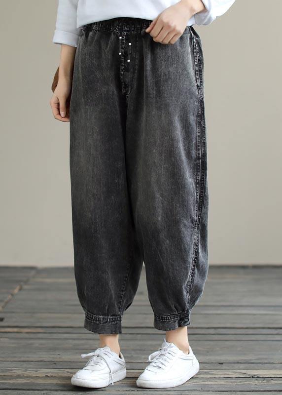 Modern Spring Wide Leg Pants Trendy Plus Size Denim Gray Sewing Elastic Waist Pockets Jeans - SooLinen