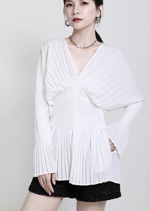 Modern White V Neck flare sleeve Top - SooLinen