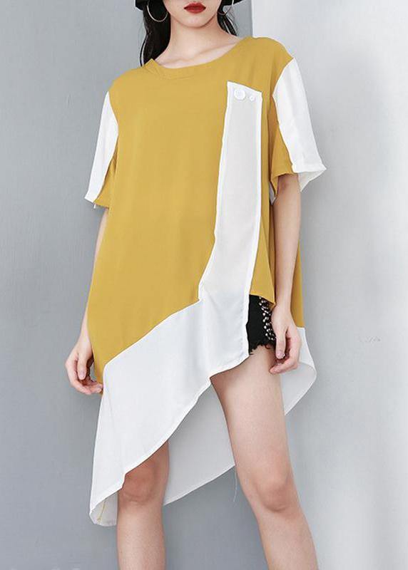 Modern Yellow top silhouette Organic Personality Loose Spliced Irregular Chiffon T-Shirt - SooLinen