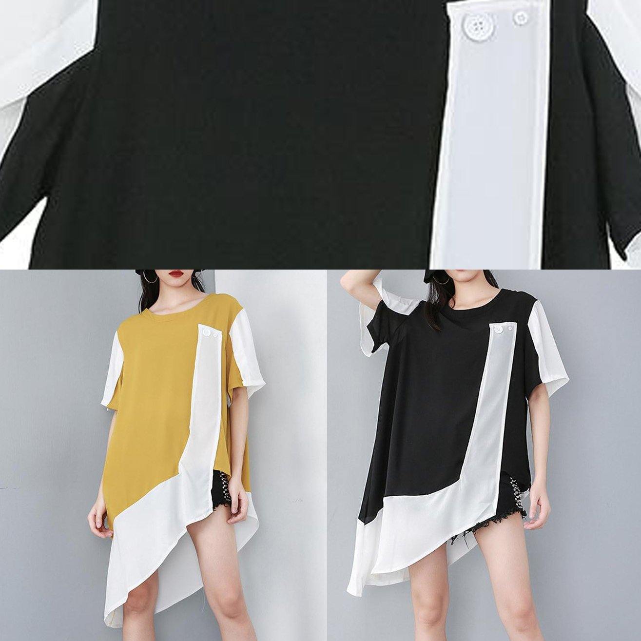 Modern Yellow top silhouette Organic Personality Loose Spliced Irregular Chiffon T-Shirt - SooLinen