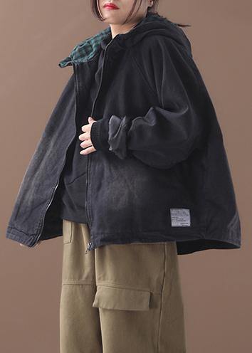 Modern black Fine crane coat Photography denim  hooded short coats - SooLinen