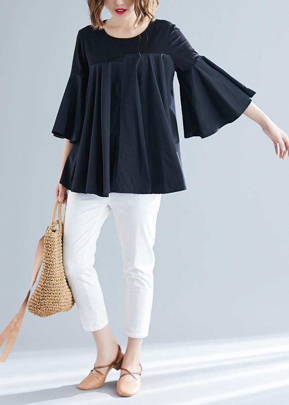 Modern black cotton blended clothes Boho Cotton o neck flare sleeve silhouette Summer blouse - SooLinen