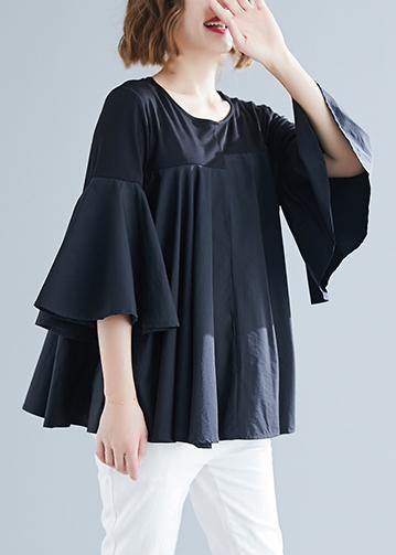 Modern black cotton blended clothes Boho Cotton o neck flare sleeve silhouette Summer blouse - SooLinen