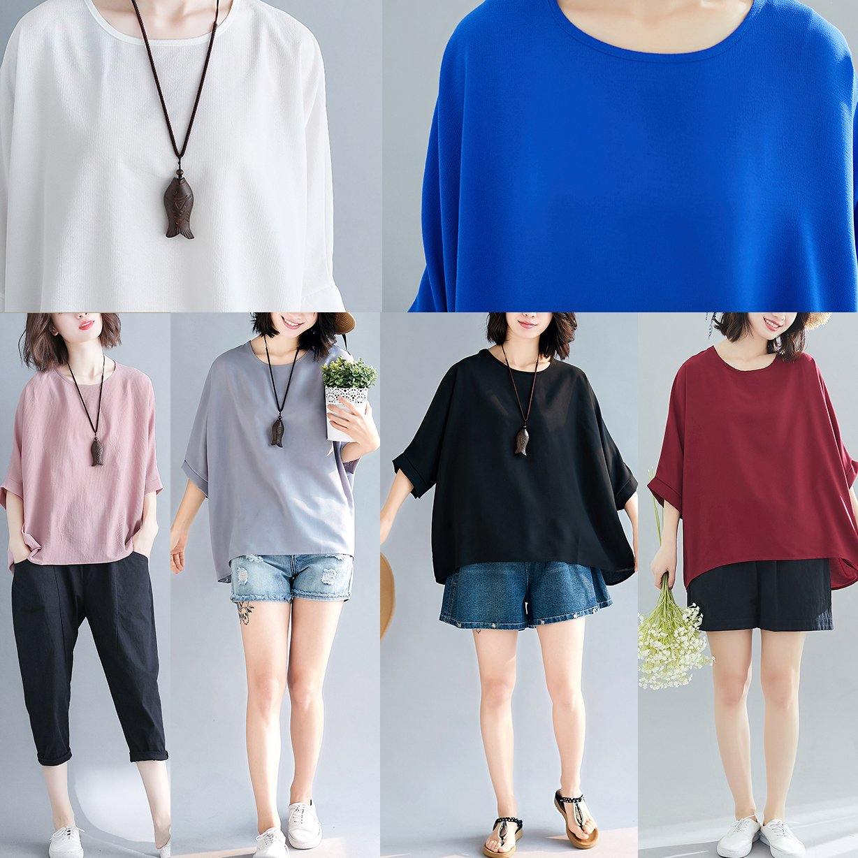 Modern blue chiffon o neck Batwing Sleeve Love Summer tops - SooLinen