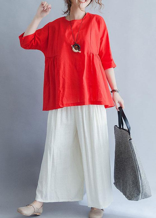 Modern half sleeve cotton shirts women red tunic blouses summer - SooLinen