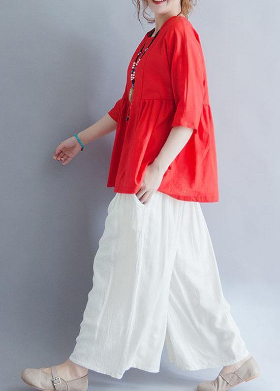 Modern half sleeve cotton shirts women red tunic blouses summer - SooLinen