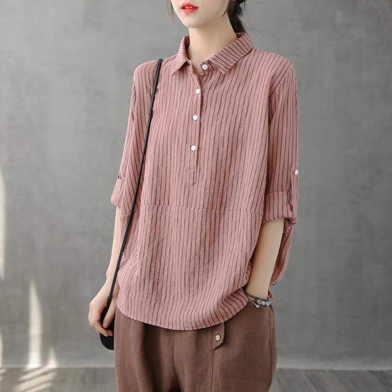 Modern lapel Button Down tops women Fabrics pink striped shirt - SooLinen